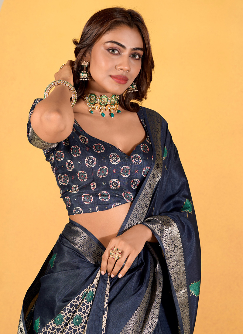 Women's Dola Silk Navy Blue Embellished Designer Saree With Blouse Piece